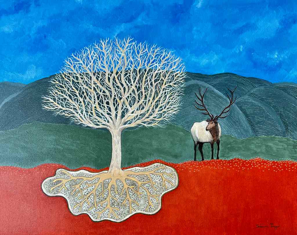 Oil painting of an elk and a sycamore tree reflect on their resemblances.