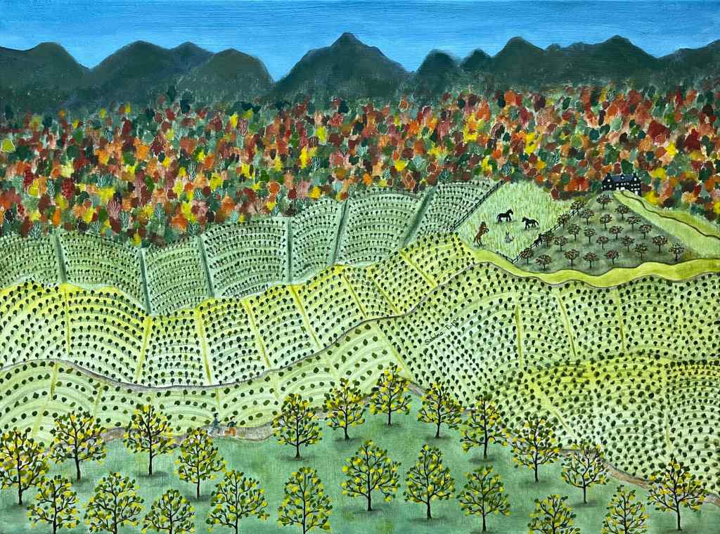 This painting has multiple stories, from the horses grazing the land, the hare with a stolen apple, a lemon orchard, runner enjoying the scenery, a lovely house tucked in the mountains, a broad autumn foliage scene, bright open blue sky.  All coexisting in a density of life.

